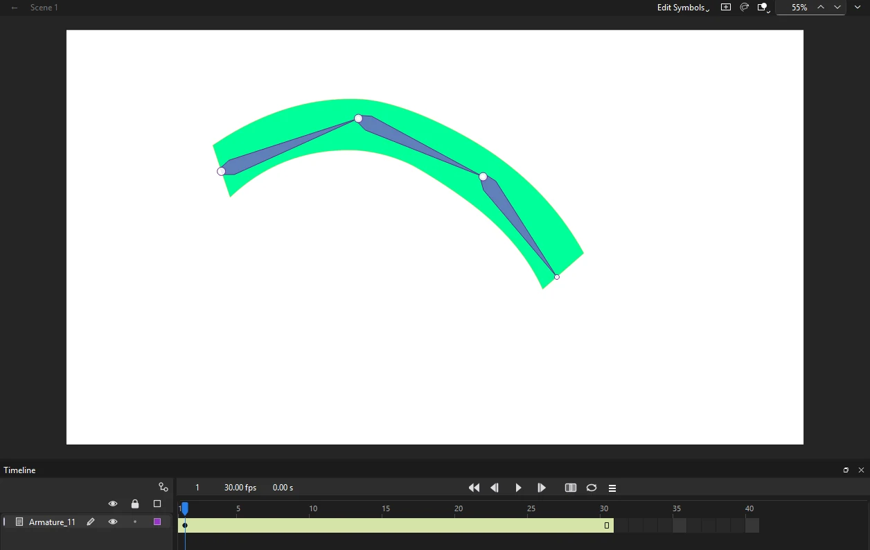 A green curved shape with three bones drawn inside it as slim blue kites joined by round joints, and a pose span in the timeline