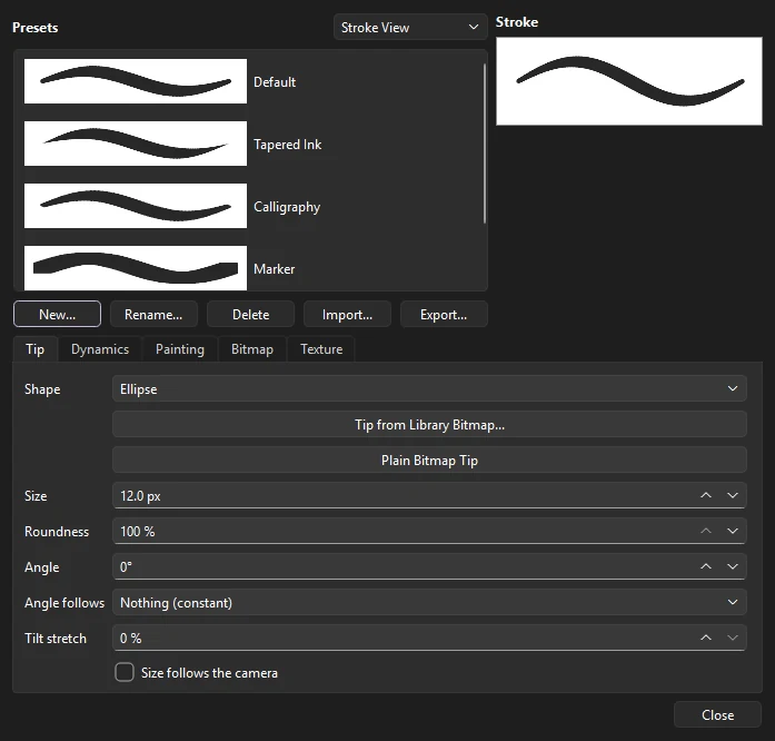 Brush Properties dialog: a list of presets with their strokes, a stroke preview, and the Tip page with shape, size, roundness and angle