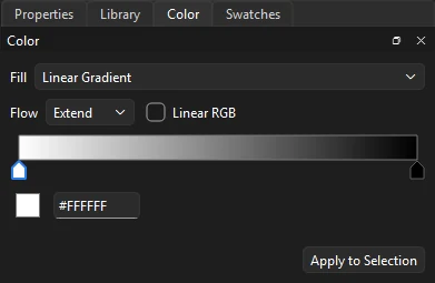 Color panel set to Linear Gradient, with Flow and Linear RGB options, a white to black gradient bar and a selected color stop
