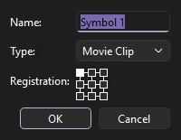 Convert to Symbol dialog with a name field, a type list and a 3 by 3 registration grid