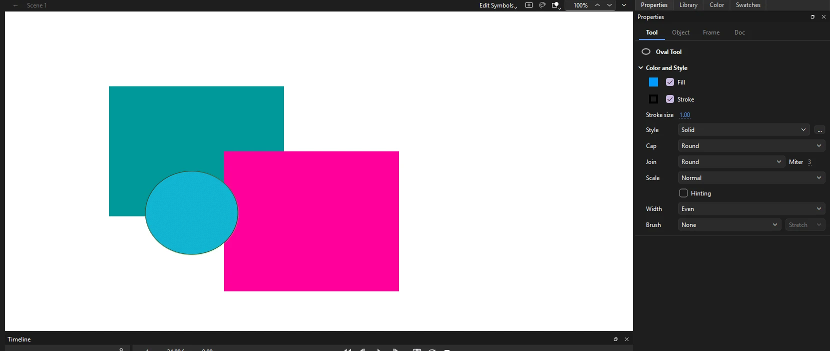 A blue oval just drawn over the teal shape, still selected and showing the dot pattern