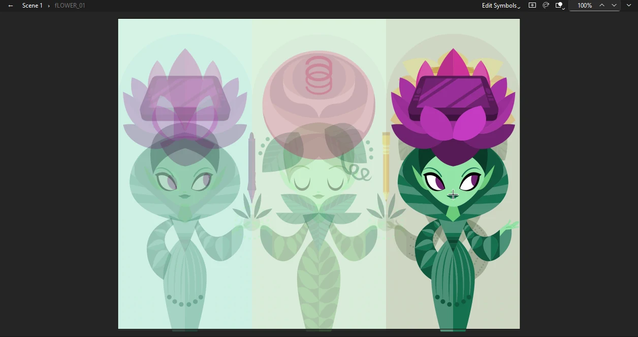 A flower character symbol open for editing in place, with the other characters dimmed and the edit bar reading Scene 1 then fLOWER_01