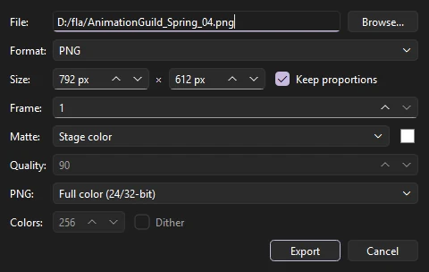 Export Image dialog with file, format, size, frame, matte and quality