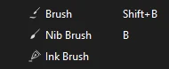 Flyout listing Brush, Nib Brush and Ink Brush