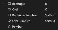 Flyout listing Rectangle (R), Oval (O), Rectangle Primitive (Shift+R), Oval Primitive (Shift+O) and PolyStar