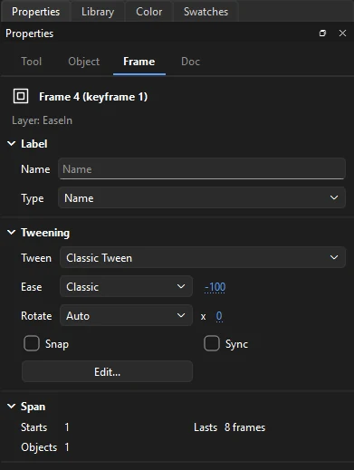 Frame tab for frame 4 of layer EaseIn: label name and type, tweening with classic tween, ease, rotate, snap and sync, and span information