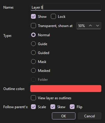 Layer Properties dialog with name, show and lock, layer type, outline color and view as outlines