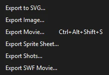 File, Export submenu: Export to SVG, Export Image, Export Movie, Export Sprite Sheet, Export Shots and Export SWF Movie