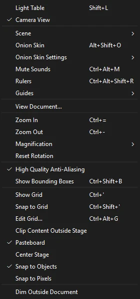 The View menu, with the light table, camera view, scene and onion skin options, rulers, guides, zoom and snapping