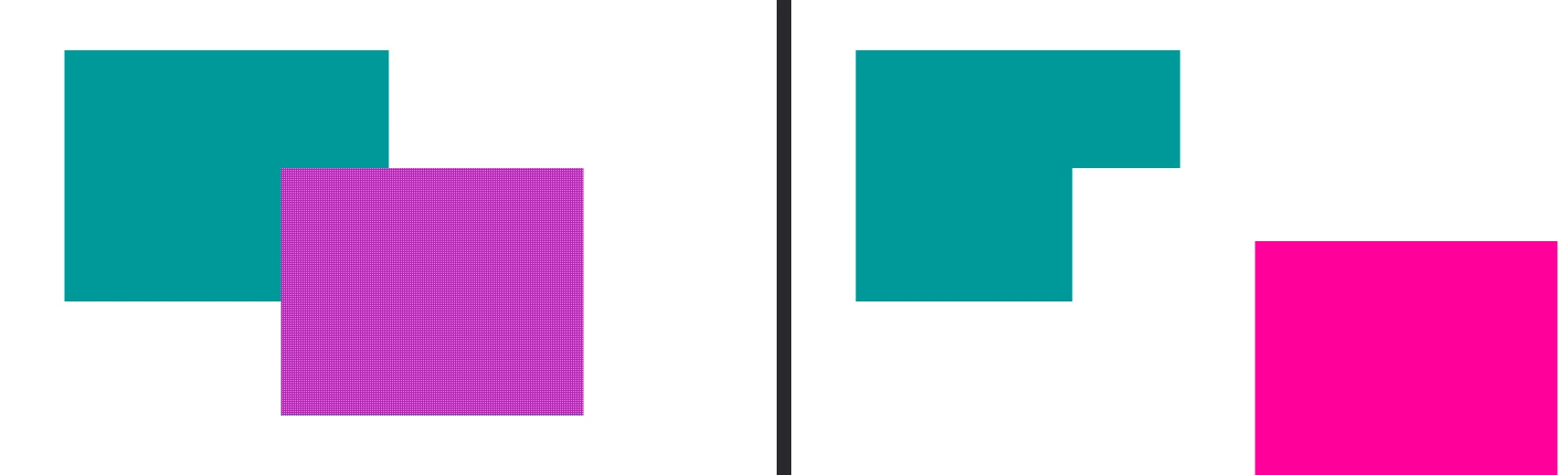 Left: a pink square selected on top of a teal square. Right: after dragging the pink square away, the teal square has a notch cut out of it