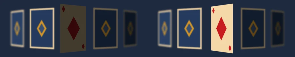 Five cards fanned out in 3D on a dark blue stage, the ace in the middle sharp and the others blurred behind it; on the left the ace is turned away from a warm light and dark, on the right it faces the light and glows