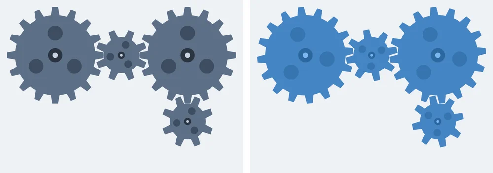 Four gray gears side by side with the same four gears turned and tinted blue