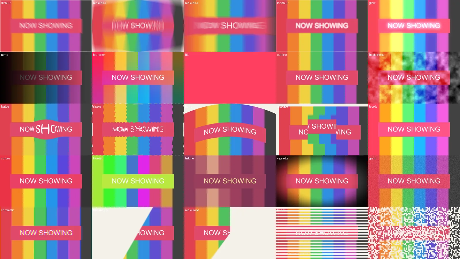 A contact sheet of the adjustment effects on a striped picture with a title: blurs, generators, distortions, color changes and wipes