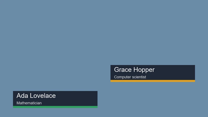 Two lower thirds on a blue stage from the same symbol: Ada Lovelace, Mathematician with a green bar, and Grace Hopper, Computer scientist with an orange bar