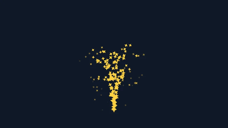 A fountain of small yellow sparks rising from a point on a dark blue stage, slowing, spreading and falling as they fade
