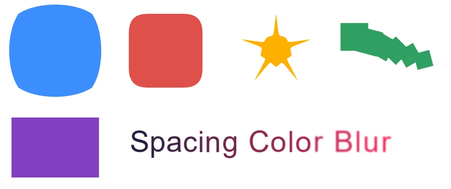 Five shapes: a square puffed out by Bloat, a square with rounded corners, a star sharpened by Pucker, a green square repeated in a curving trail of turning, shrinking copies, and a rectangle grown by Offset Path; beside them text that is spaced out, colored and blurred more toward its end