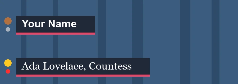 Two lower thirds from one symbol: Your Name on a short dark plate with a bronze medal, and Ada Lovelace, Countess in Georgia on a plate stretched to fit, with a gold medal and a red live light