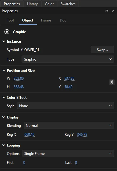 Object tab for a graphic symbol instance, showing Instance, Position and Size, Color Effect, Display and Looping sections