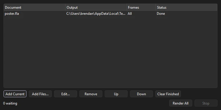 Render Queue window listing a document, its output, frames and status, with Add Current, Add Files, Edit, Remove, Up, Down, Clear Finished, Render All and Stop