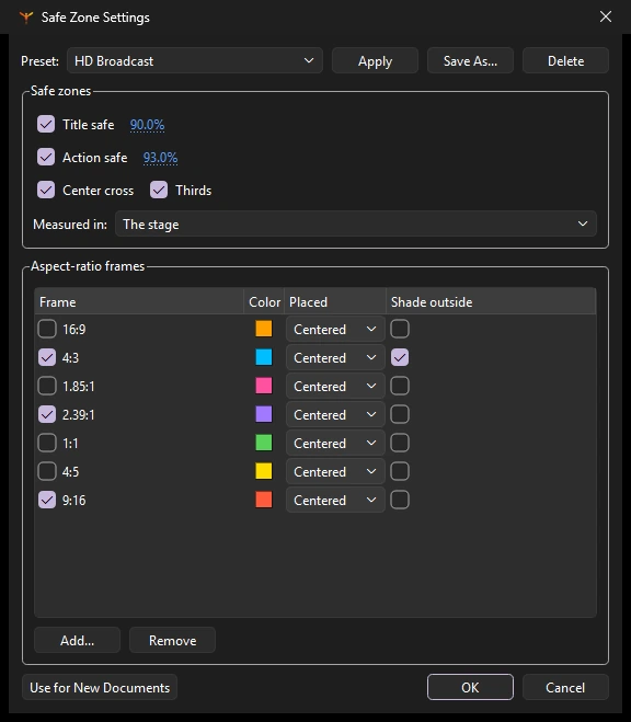 Safe Zone Settings dialog with a preset list, title and action safe percentages, center cross and thirds, the frame the zones are measured in, and a list of aspect-ratio frames with color, placement and shading