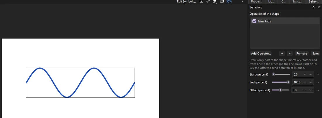 The Behaviors panel titled Operators of the shape, with Trim Paths and its Start, End and Offset settings, and a blue wavy line selected on the stage