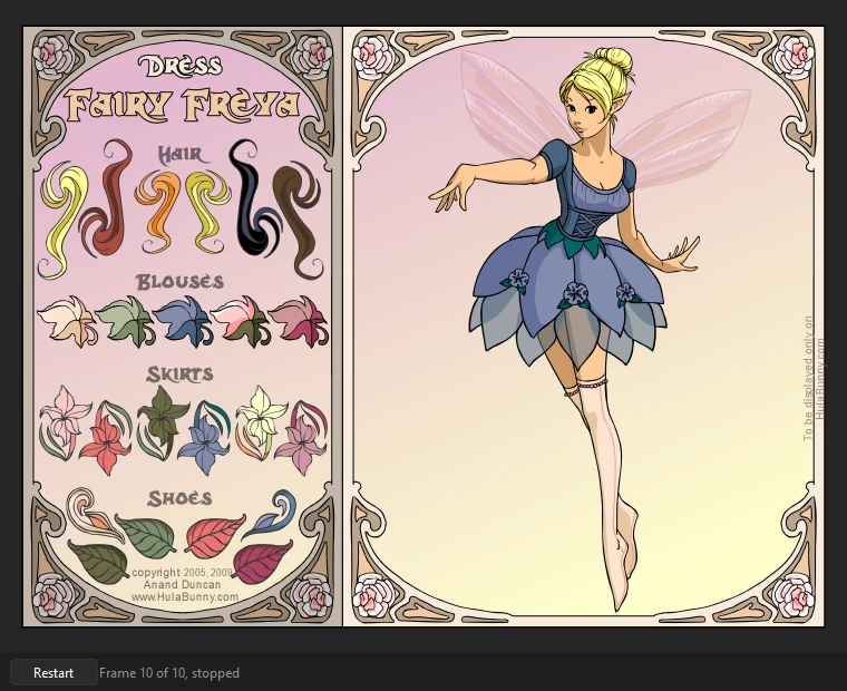 Test Movie window playing a dress-up game: a fairy dressed in blonde hair, a blue blouse and skirt and pink tights, with the buttons that chose them on the left