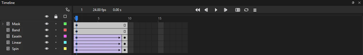 Timeline rows with lilac classic tween spans, each ending in a keyframe