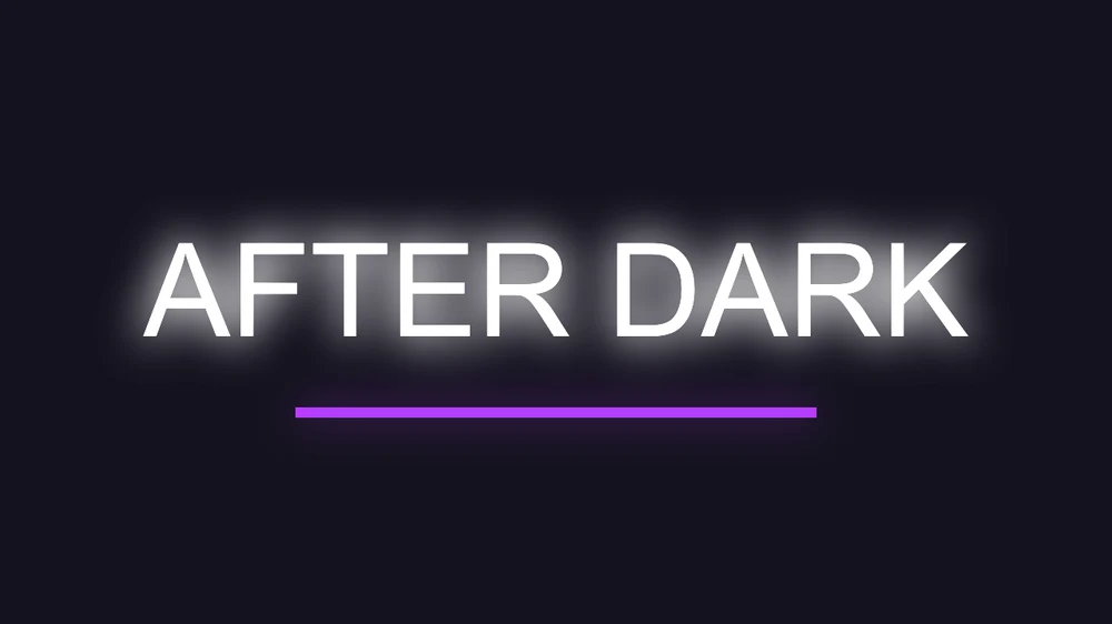 The white title After Dark glowing, its line turned purple by the graph's Hue/Saturation node